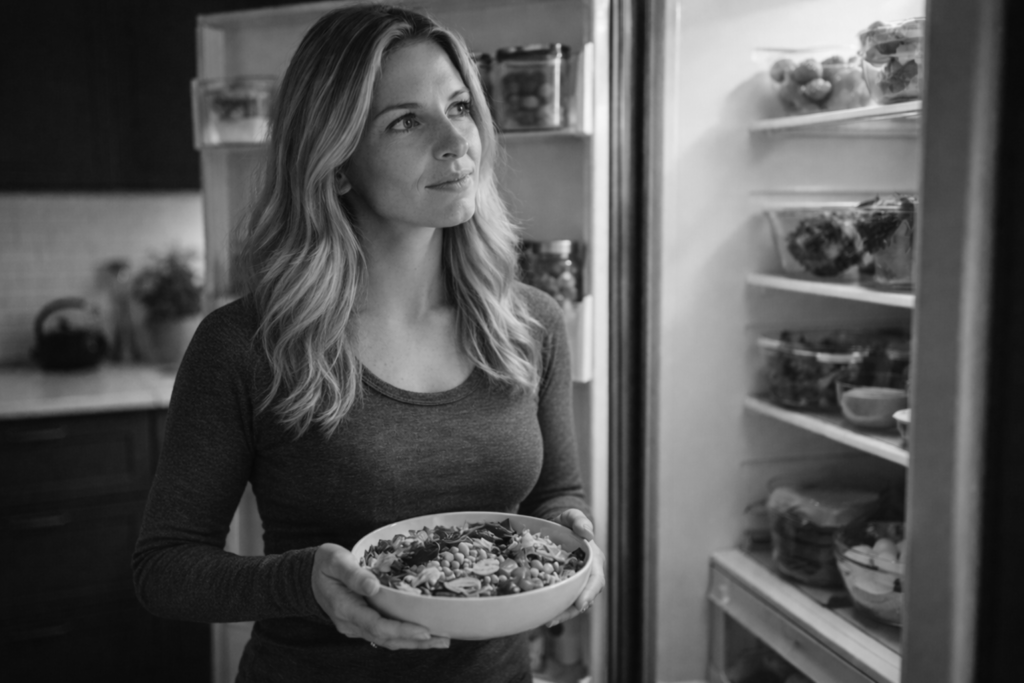 Midlife woman preparing a balanced meal in greyscale, representing stable energy and proper fueling for women after 45.