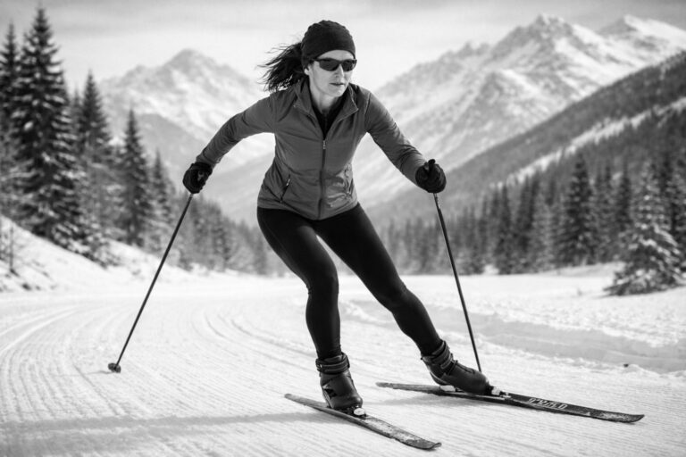 Fit woman skate cross-country skiing on a mountain trail, representing outdoor winter seasonal fitness, and all-round strength after 45.