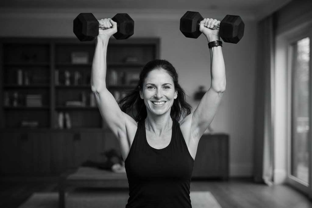 A midlife woman is lifting heavy weights and enjoying her workout.
